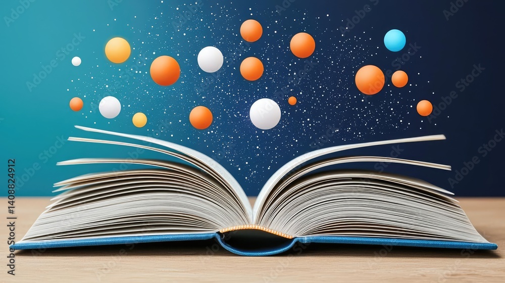 Poster open book under starry sky with galaxy and cognition concept. an open book with floating spheres sym