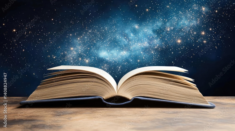 Aufkleber open book under starry sky with galaxy and cognition concept. an open book reveals a vast galaxy, sy