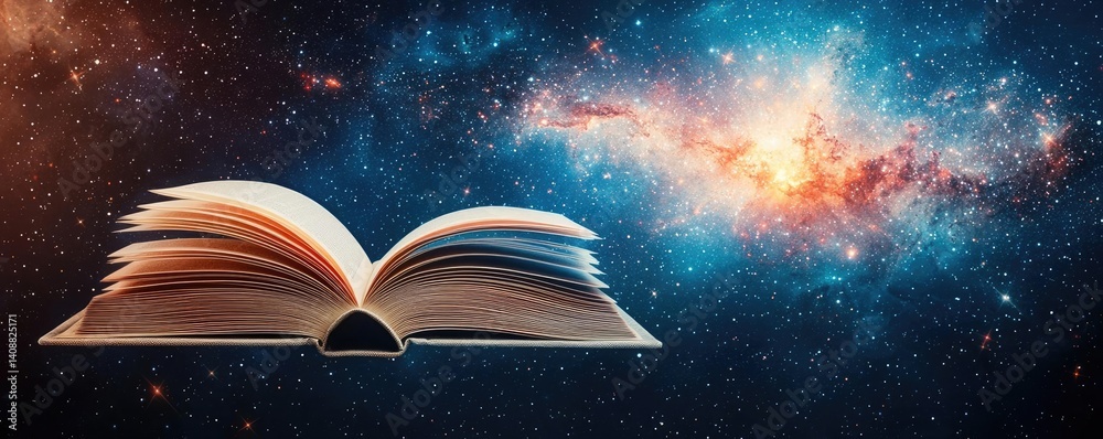 Poster open book under starry sky expanding cognition of space concept. an open book against a cosmic nebul