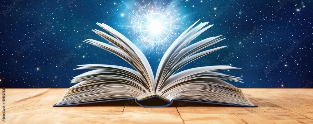 Poster open book under starry sky symbolizing learning and cognition concept. an open book with radiant lig
