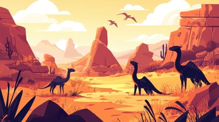 Prehistoric desert landscape with dinosaurs and camels.