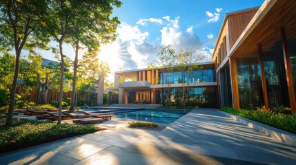 Fototapeta premium Luxury Modern Villa with Pool and Lush Gardens