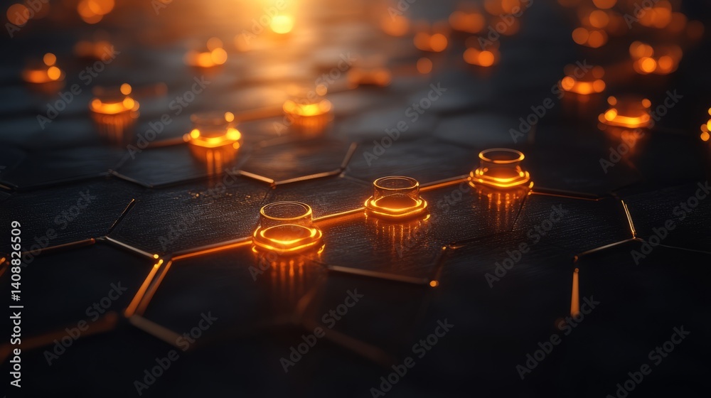 Aufkleber futuristic glowing hexagonal grid pattern with black and orange lights creating a digital technology