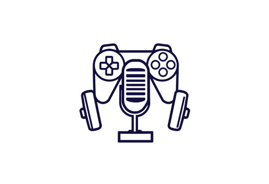 Gaming Podcast Logo with Controller and Microphone. A simple clean line art logo combining a video game controller and a microphone