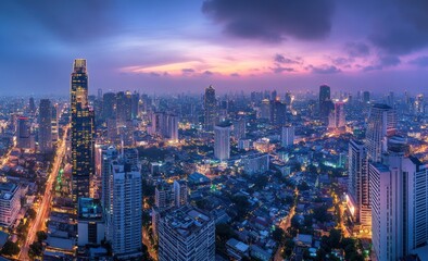 Obraz premium Bangkok Skyline at Twilight: A Panoramic View of Thailand's Vibrant Metropolis