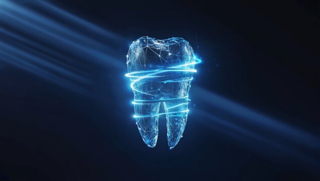 Digital blue representation of human teeth with a central glowing holographic tooth structure, showcasing dental innovation, oral technology, futuristic design, and healthcare medical visualization.