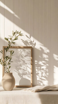 Portrait empty wooden frame mockup in sunlight. in modern organic shaped vase. Beige linen table cloth. White wainscot wall paneling background. Scandinavian interior, home design

