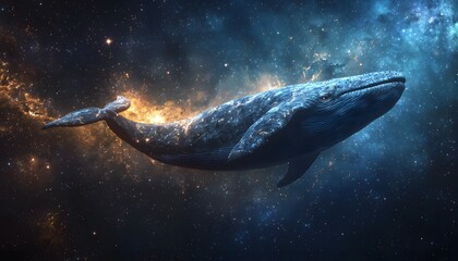 A massive celestial whale floating through space, stardust trailing in its wake, cinematic cosmic majesty