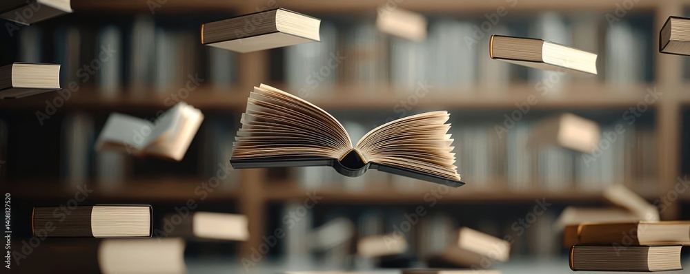 Poster books floating in the air with a focus on literature and cognition concept. a mesmerizing scene of f