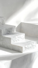 White pieces of stone slabs forming a product podium for product display. Mock-up for exhibitions or presentation of cosmetic products or packaging