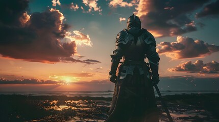 A solitary warrior standing on a battlefield at dawn, their armor dented, eyes locked on the rising sun, cinematic heroic resilience