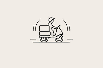 Delivery Scooter Icon with Rider and Cargo. Simple line art illustration of a delivery scooter rider carrying packages