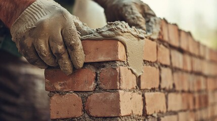 Mason applying mortar to bricks for a decorative wall. Featuring craftsmanship and texture