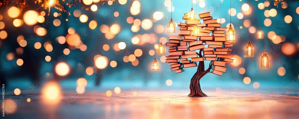Poster books floating in the air with flying and education concept. whimsical tree of books illuminated by 
