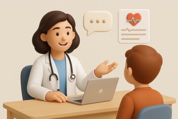 Fototapeta premium Doctor's Consultation: In a bright medical setting, a friendly doctor consults a patient. The atmosphere is calm, promoting patient well-being and demonstrating the essence of healthcare services.