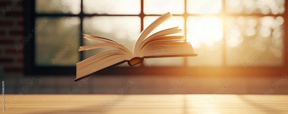 Aufkleber Books floating in the air on a library and shelf concept. An open book floating above a table, illuminated by sunlight.