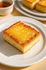 there is a piece of cake on a plate with a bowl of sauce