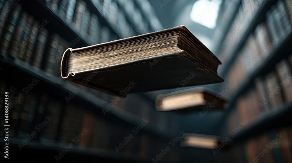 Poster books floating in the air with flying and education concept. floating books in a mystical library fi