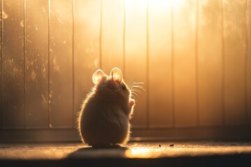 Hamster standing on two legs, holding a seed, soft backlight, shallow depth of field, documentary style, real pet life recorded in nature.