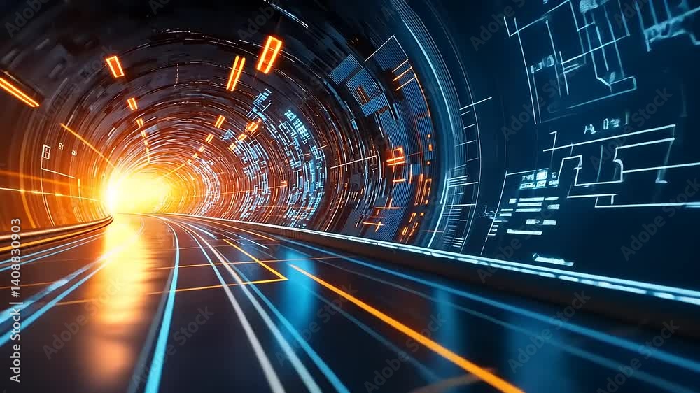 Wall mural futuristic digital tunnel with glowing lines and light source