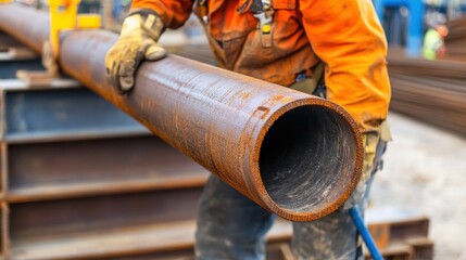 A construction worker positioning a heavy steel column on site. Featuring steel column placement and structural work