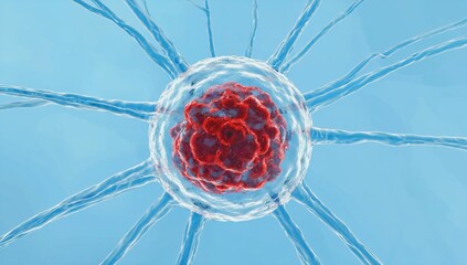 3d rendered biological cell with red nucleus and multiple extensions on light blue background symbolizing human biology, medicine, science, microscopic research, immune system, and cellular structure.