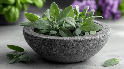 Fresh sage herbs in rustic bowl