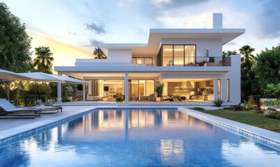 Fototapeta premium Luxury Modern Villa with Swimming Pool at Sunset