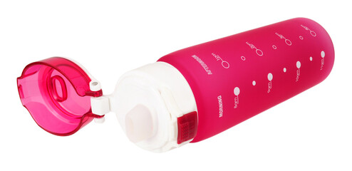 750ml chugger water drink bottle in matte pink with dosage guide markings isolated on a white background