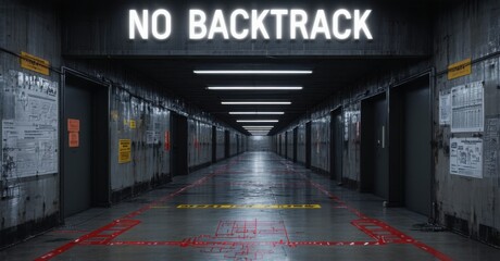 Dark tunnel interior. Bright no backtrack sign dominates view. Wet floor shows red markings. Doors line walls, covered with notices. Dim lighting creates ominous atmosphere.