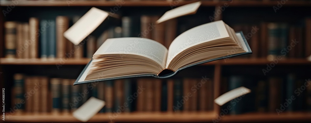 Poster books floating in the air with a focus on literature and cognition concept. an open book surrounded 