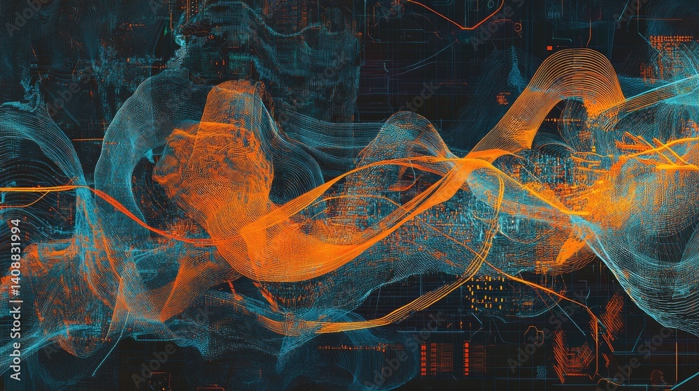 Poster abstract circuit lines forming a dynamic digital wave across a modern tech backdrop