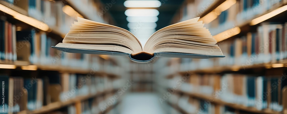 Aufkleber books floating in the air with a focus on literature and cognition concept. floating book in a libra