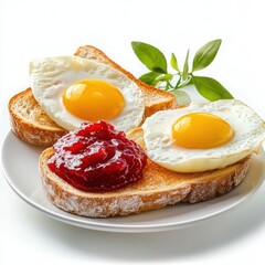 Fototapeta premium Isolated breakfast meal: toast, fried eggs, and jam on white.