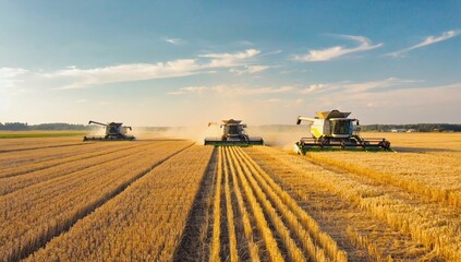 Fototapeta premium Three modern combine harvesters harvesting golden wheat in large agricultural field under blue sky, creating perfect lines and dust trails, symbolizing modern farming, food production, and technology.
