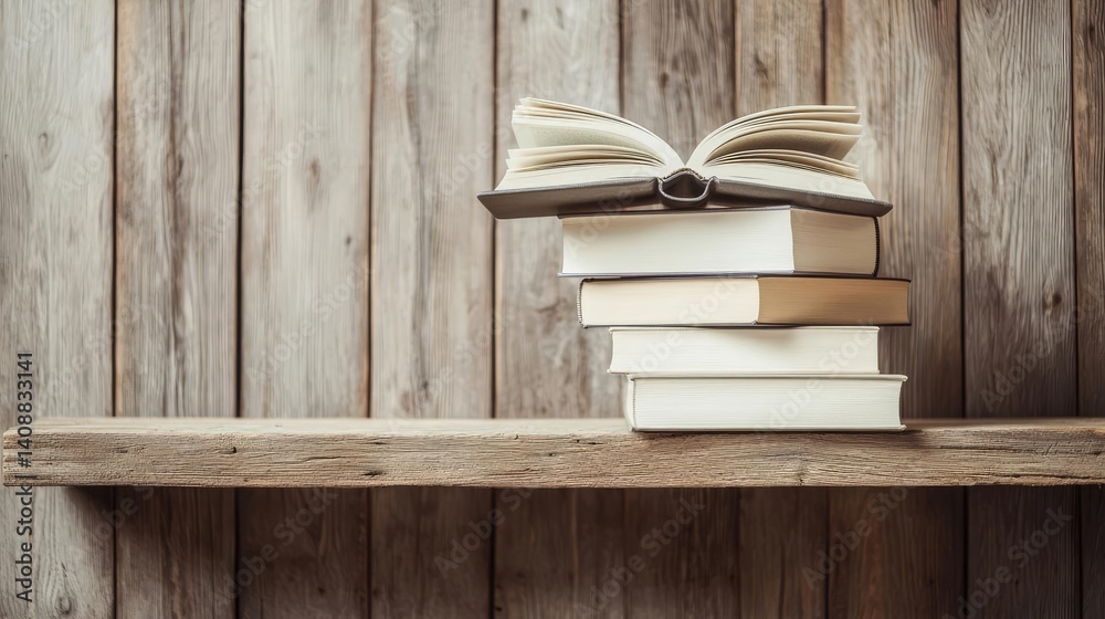 Poster Books floating in the air on a library and shelf concept. An open book resting on a stack of books against a wooden backdrop.