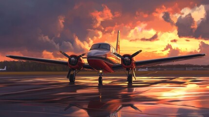 Fototapeta premium Airplane taxiing on tarmac during sunrise with reflection on wet surface