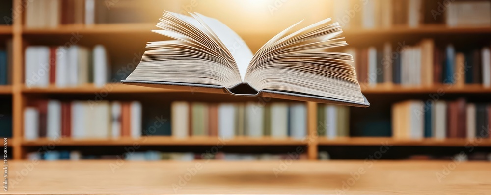 Poster Books floating in the air on a library and shelf concept. An open book floating in a cozy library environment.