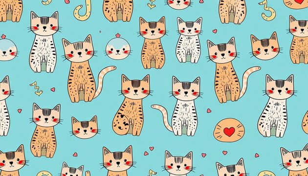 Fototapeta Adorable hand-drawn doodle cat pattern  seamless repeat for textile, wrapping paper, repeat, color