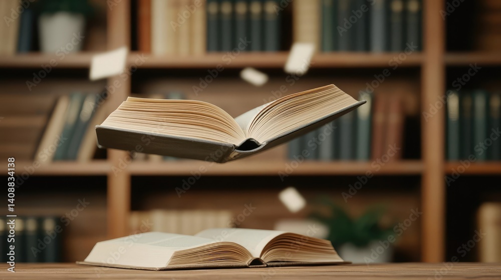 Poster books floating in the air with flying and education concept. an open book floats in a library, symbo