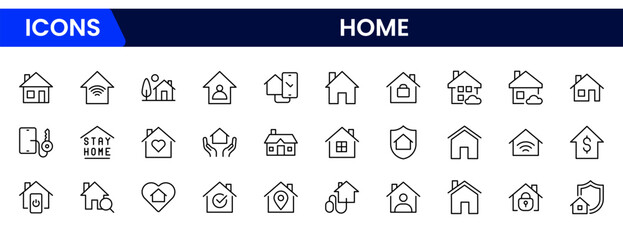 Vector illustration web line icon collection featuring house elements roof, windows, door, rooms, home appliances, key, family, living space, comfort, architecture, and property.