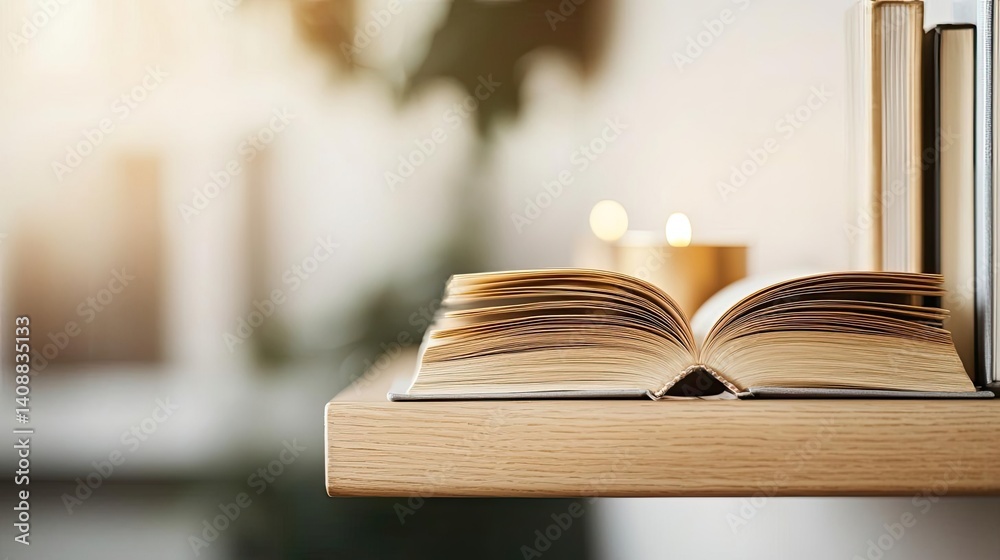 Poster books floating in the air on a library and shelf concept. open book on shelf with cozy ambience and 