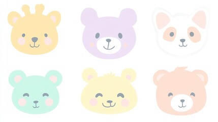 Pastel animal faces; cute cartoon heads; children's design; white background; kids' book illustration