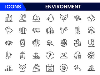Vector illustration web line icon collection showcasing environmental themes sustainability, green energy, recycling, conservation, eco-living, nature protection, climate action, biodiversity, clean a