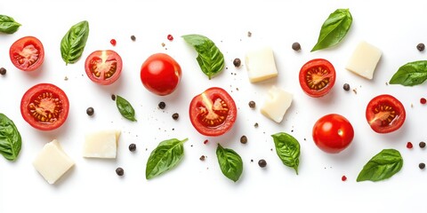 Naklejka premium White backdrop showcasing a bruschetta arrangement: tomato, basil, and cheese.