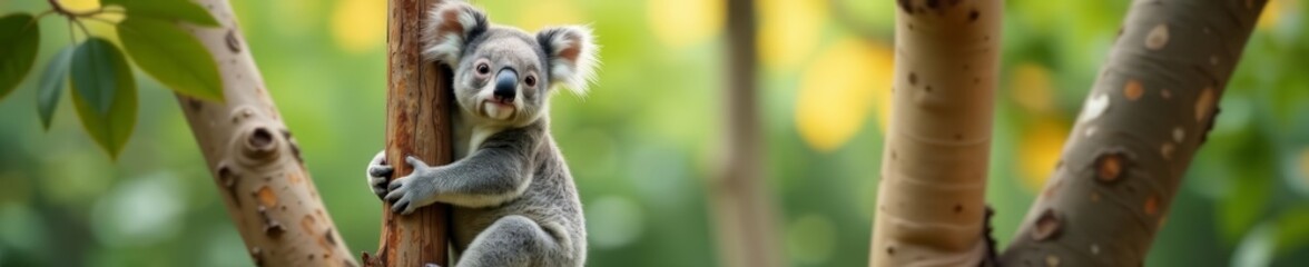 Fototapeta premium Adorable koala bear perched on eucalyptus tree, looking at camera, Branch, Koala, Fluffy