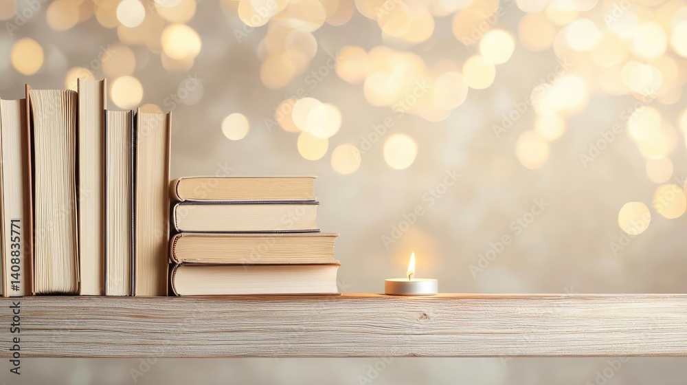 Poster books floating in the air on a library and shelf concept. cozy books on a shelf with a candle and so