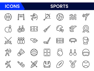 Vector illustration web line icon collection featuring sports equipment, activities, and athletes—football, basketball, cycling, running, swimming, trophies, teamwork, training, competition, and fitne