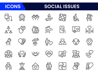 Vector illustration web line icon collection depicting social issues poverty, inequality, homelessness, mental health, discrimination, education access, activism, justice, awareness, and community sup