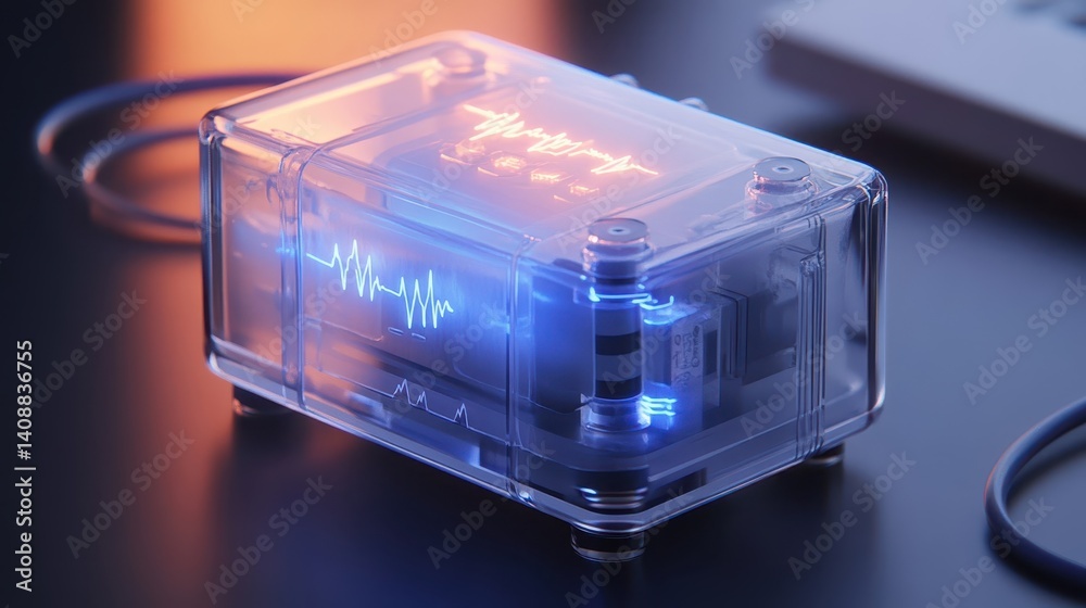 Poster a transparent device showing an internal circuit with data visualization